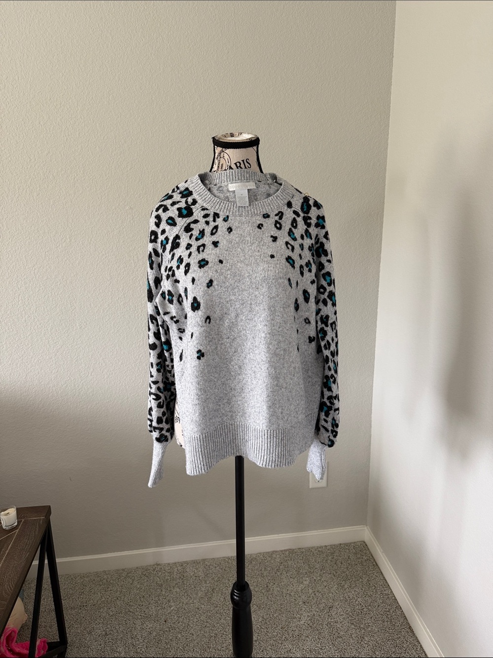 Light Gray Leopard Crewneck Sweater with Teal Accents